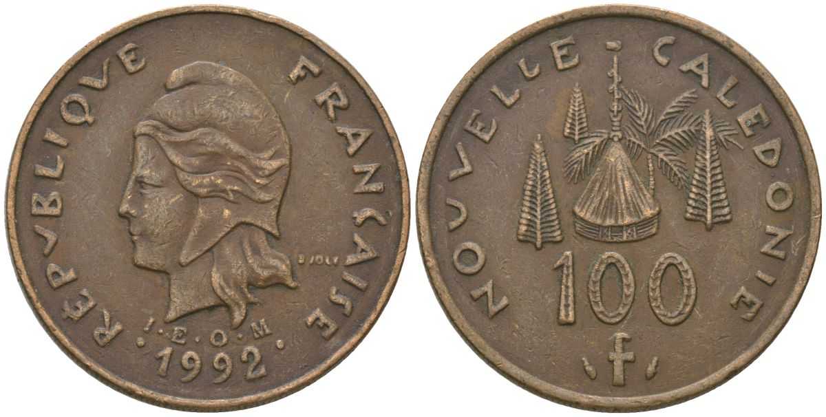 Французская Новая Каледония 100 франков 1992 хижина среди сосен и пальм, (IEOM) KM 15, Schoen 16, Lec 137 никель бронза 88-1031
