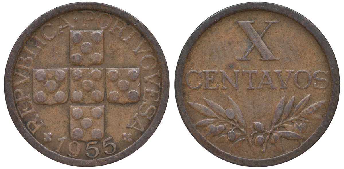 ПОРТУГАЛИЯ 10 СЕНТАВО 1955 KM 583 бронза 45-1133
