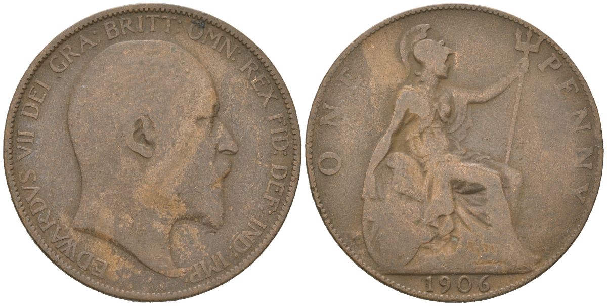 Великобритания 1 пенни 1906 Эдуард VII (1901-1910) KM 794.2, Spink 3990 бронза 221-1234