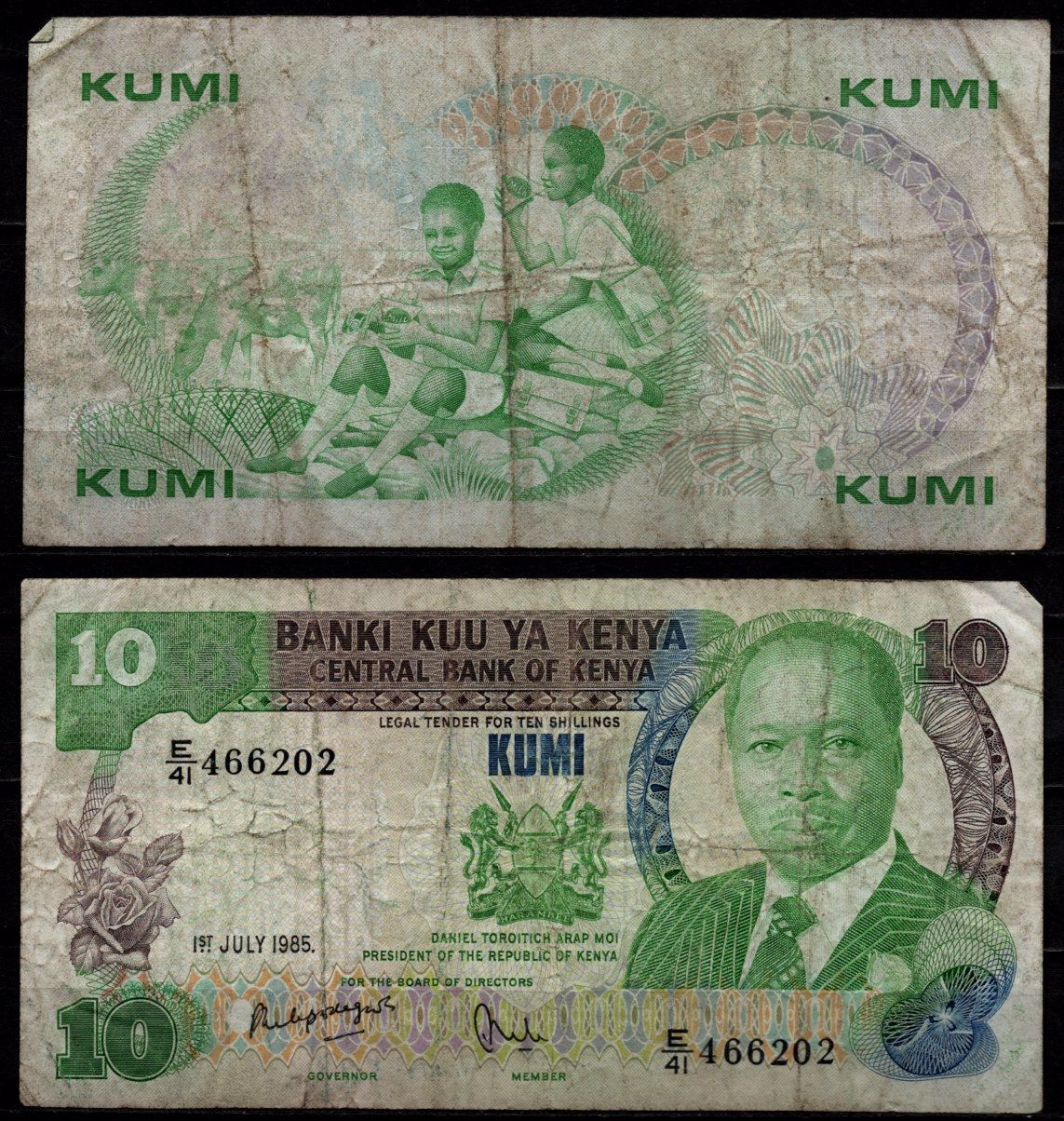 Кения 10 шиллингов 1985 Президент Даниэль Торойтич Арап Мои. Коровы, школьники Pick 20 d бумага 7523-8-4-2