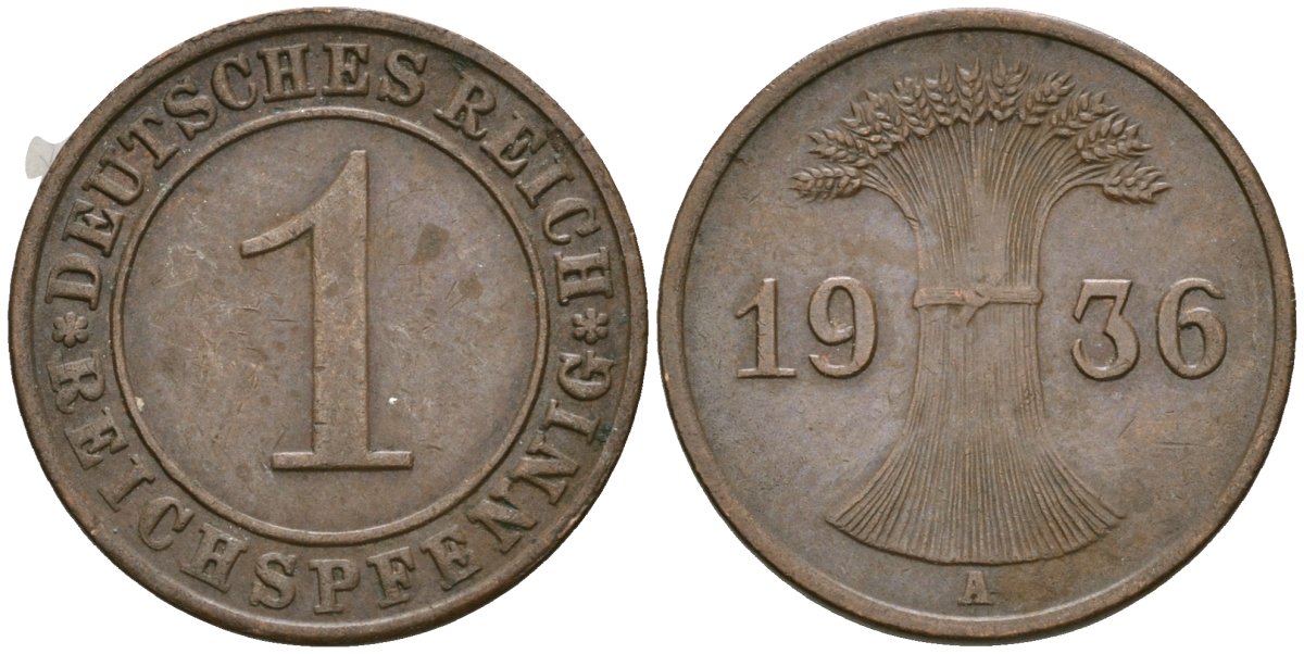 Германия 1 рейхспфенниг 1936 A KM 37, J. 313 бронза 4528-1226