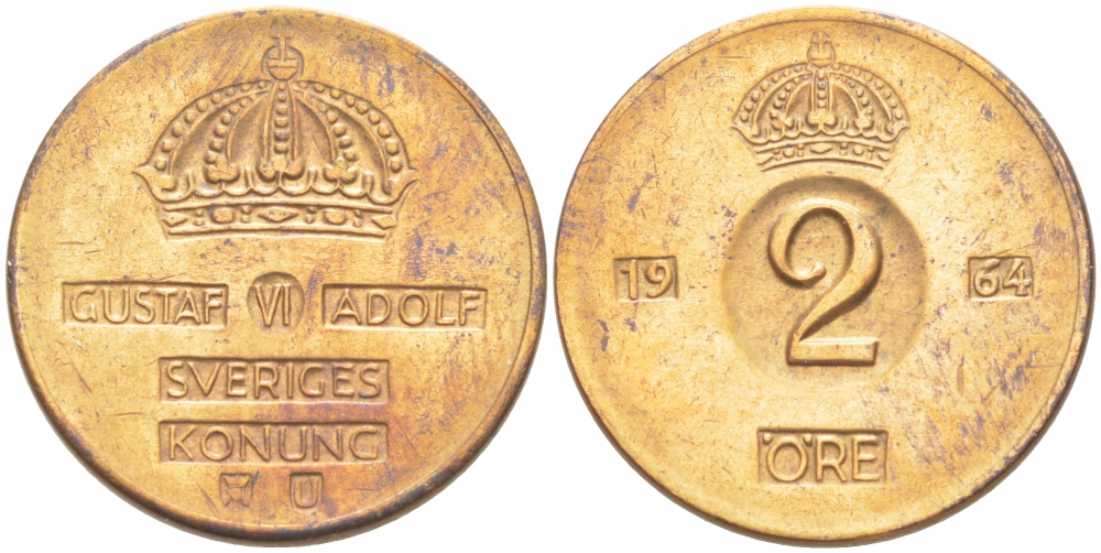 Швеция 2 эре 1964 U, Густав VI Адольф (1950-1973) КМ 821 бронза 77-513