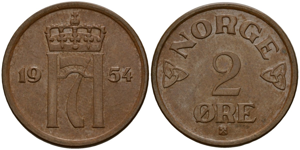 Норвегия 2 эре 1955 Хокон VII (1906 - 1957) KM 399 бронза 4156-242