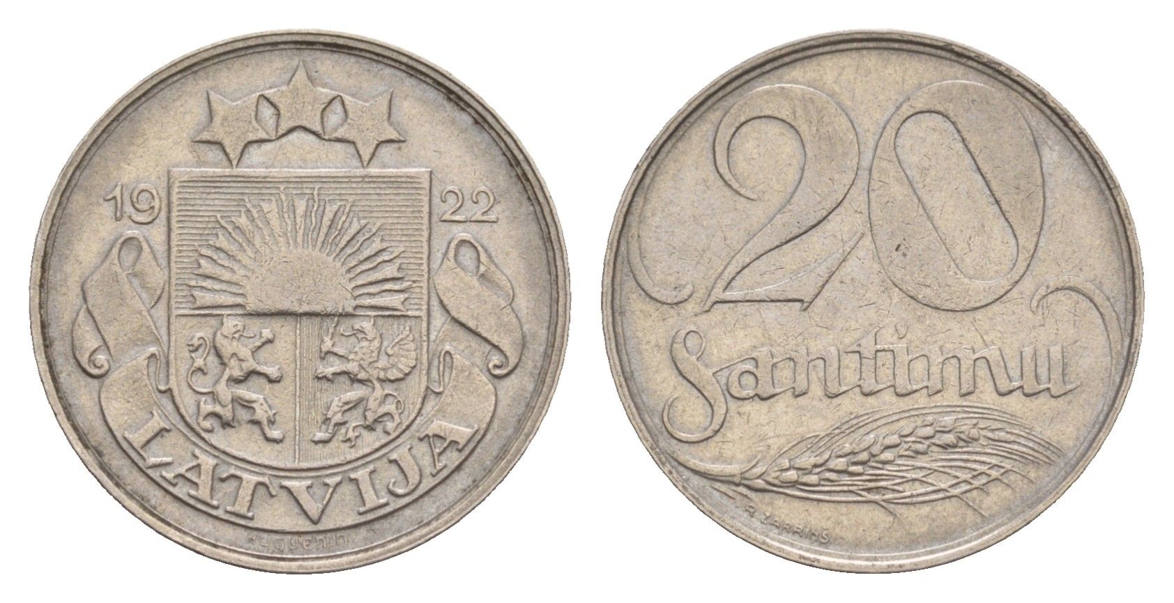 Латвия 20 сантимов 1922 год-тип KM 5 никель 4658-1244