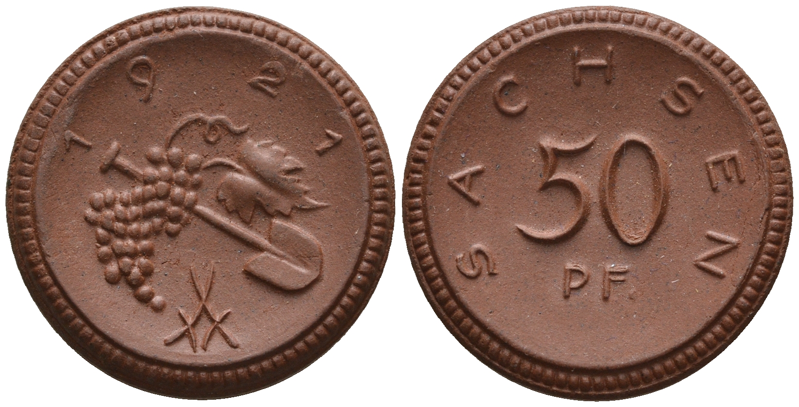 Саксония 50 пфеннигов 1921 виноград и лопата J. N 54 фарфор UNC 1094-8-51