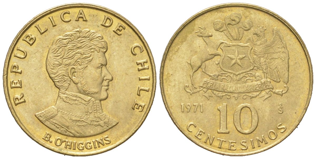 Чили 10 сентесимо 1971 KM 194 алюминиевая бронза aUNC 4596-563