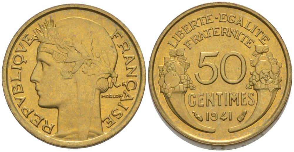ФРАНЦИЯ 50 САНТИМОВ 1941 ТИП MORLON KM 894.1, LE FRANC 192.18 алюминиевая бронза 44-619