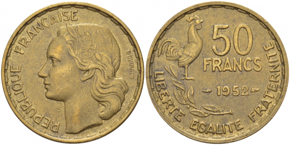 ФРАНЦИЯ 50 ФРАНКОВ 1952 KM 918.1 алюминиевая бронза 3856-1147