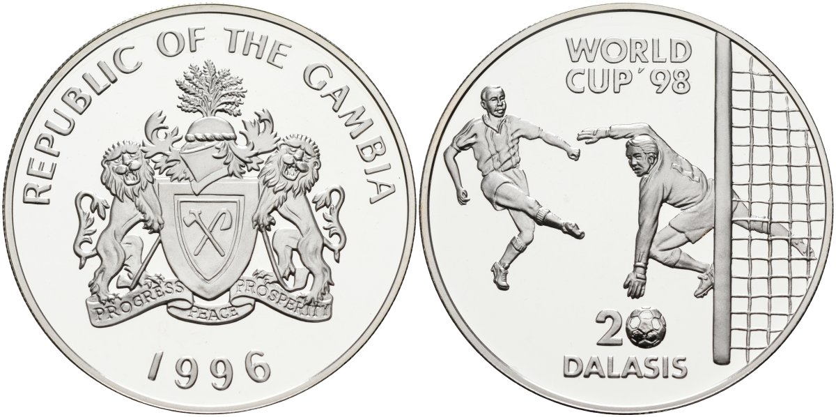 Гамбия 20 даласи 1996 чемпионат мира по футболу во Франции 1998 год, тираж 10000 экз. KM 51 серебро PROOF 1098-1-52