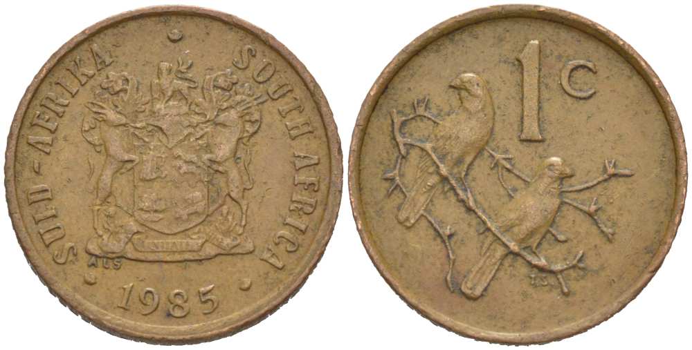 ЮАР 1 цент 1985 герб, капские воробьи KM 82 бронза 218-1154