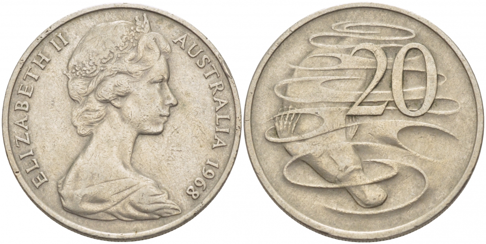 Австралия 20 центов 1968 Елизавета II (1952-2022), утконос KM 66 медно-никель 3457-146