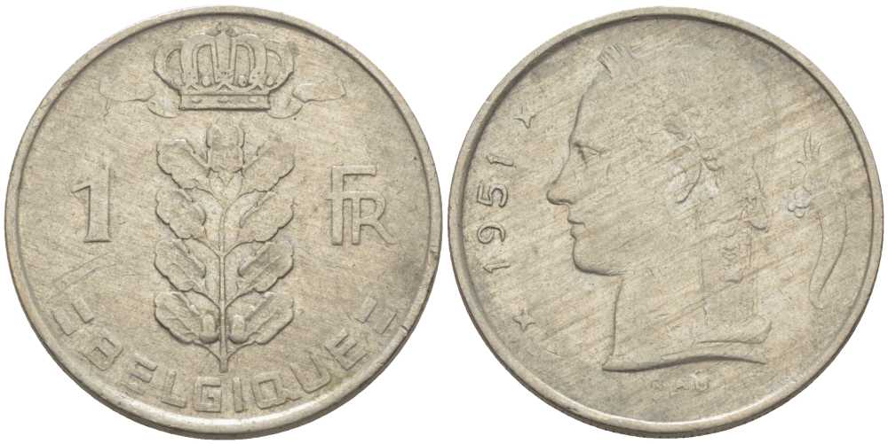 БЕЛЬГИЯ 1 ФРАНК 1951 BELGIQUE, БОДУЭН I (1951-1993) KM 142.1 медно-никель 119-434