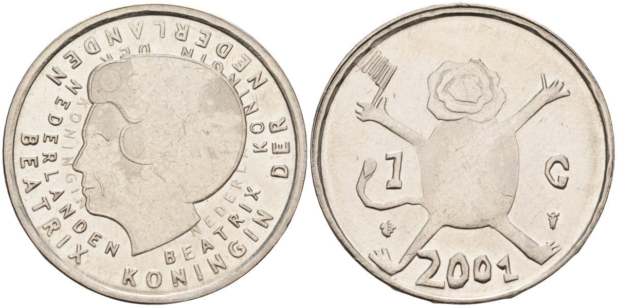 Нидерланды 1 гульден 2001 прощай гульден, детский рисунок, лев с флагом в руках KM 233 никель 4143-1214