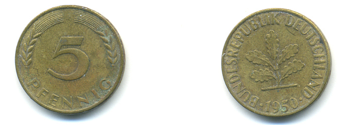 ФРГ 5 ПФЕННИГОВ 1950 F KM 107 J. 382 сталь плакированная латунью 83-124