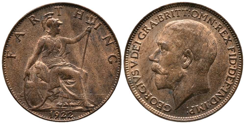 Великобритания 1 фартинг 1922 Георг V (1910-1936) KM 808.2, Spink 4060 бронза aUNC 117-745