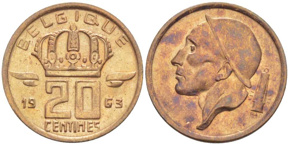 БЕЛЬГИЯ 20 САНТИМОВ 1963 BELGIQUE KM 146 бронза 201-1248