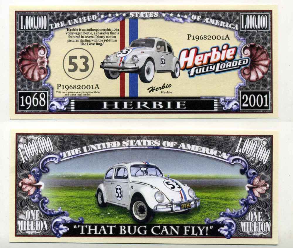 США 1000000 ДОЛЛАРОВ 2001 СУВЕНИРНАЯ БАНКНОТА, (1968-2001) 53 ГОДА ВЫПУСКУ ПЕРВОГО ФОЛЬКСВАГЕНА ЖУКА бумага UNC (ПРЕСС) 8588-13-1-2