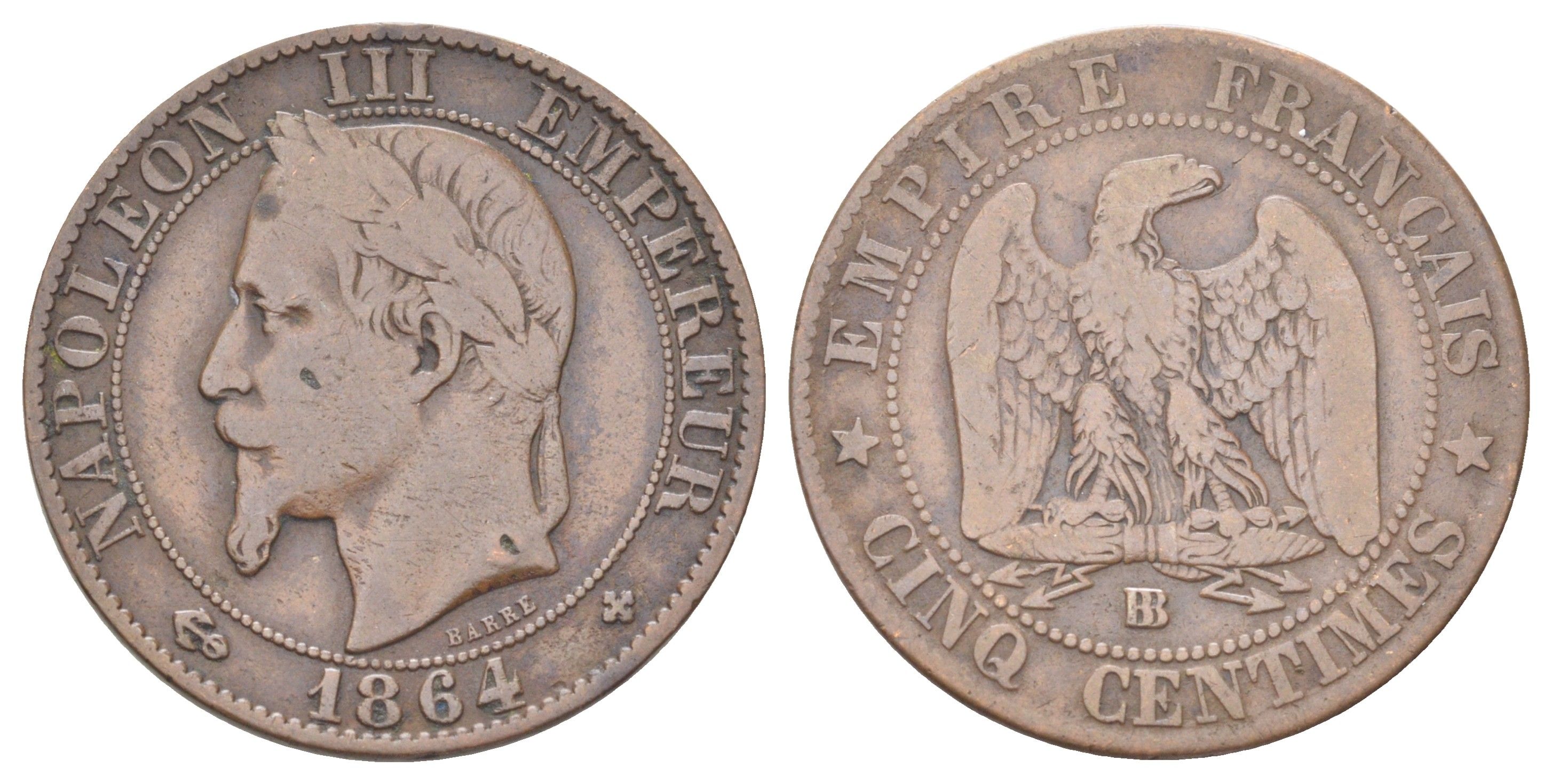 Франция 5 сантимов 1864 BB, Наполеон III (1852-1870) KM 797.2, Le Franc 117.12 бронза 4707-1031