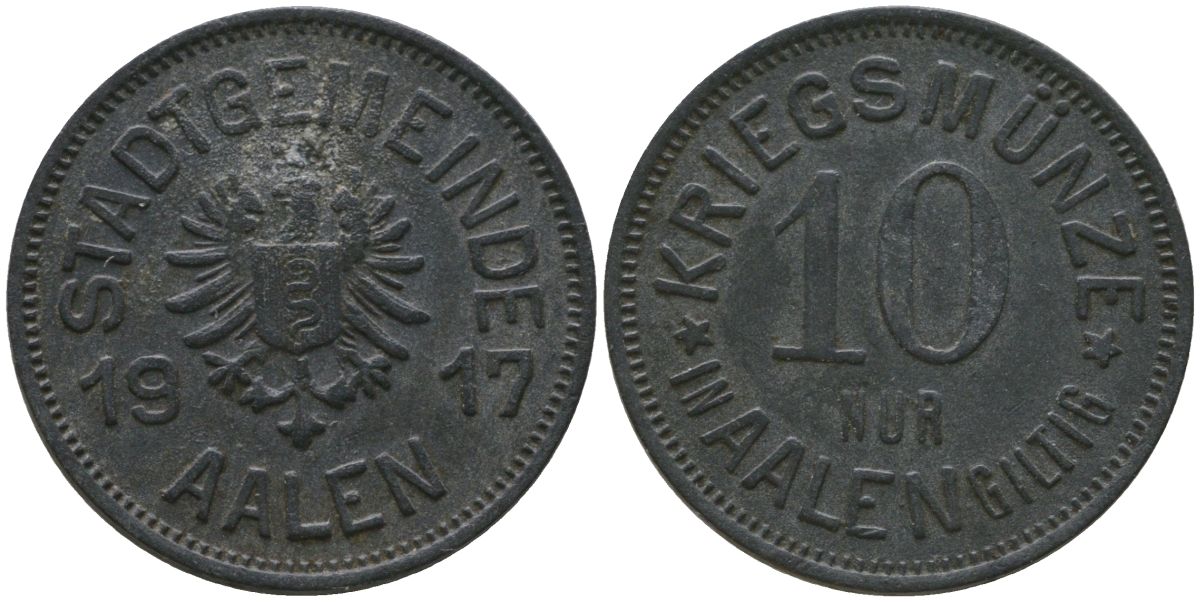 Aален (Вюртемберг) 10 пфеннингов 1917 Funck 2.2, Men05 100.2, Men18 143.2 цинк 4163-855