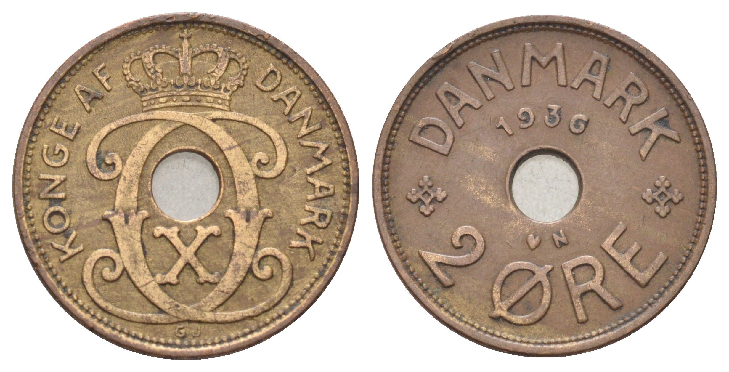 Дания 2 эре 1936 N, Кристиан X (1912-1947) KM 827 бронза 4701-826
