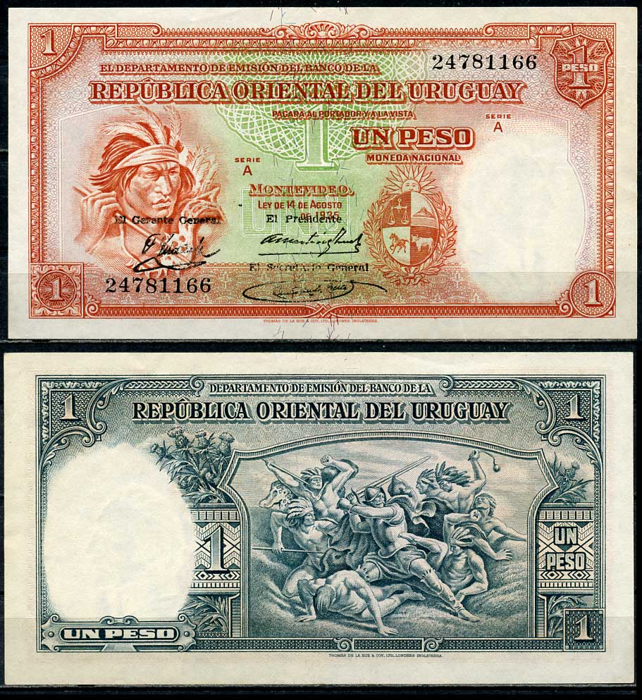 Уругвай 1 песо 1935 индеец, конкистадор, сражающийся с индейцами, серия A, El Presidente Pick 28 c(2)  бумага   451-675-3