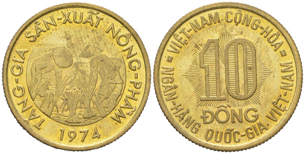 Южный Вьетнам 10 донгов 1974 KM 13 сталь плакированная латунью aUNC 4121-1235