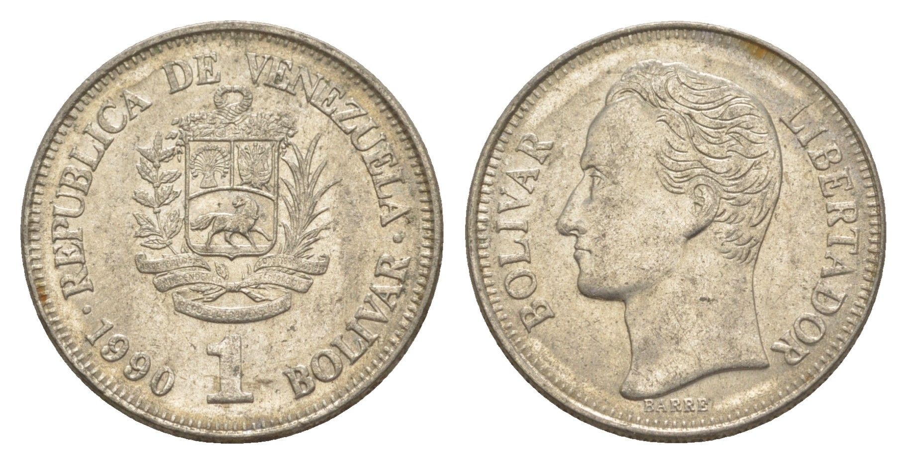 Венесуэла 1 боливар 1990 Симон Боливар, толстый шрифт Y 52a.2 сталь плакированная никелем 4591-844