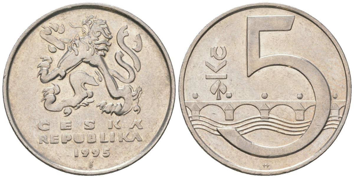 Чехия 5 крон 1995 b’, чешский лев, Карлов мост KM 8 сталь плакированная никелем aUNC 4592-135
