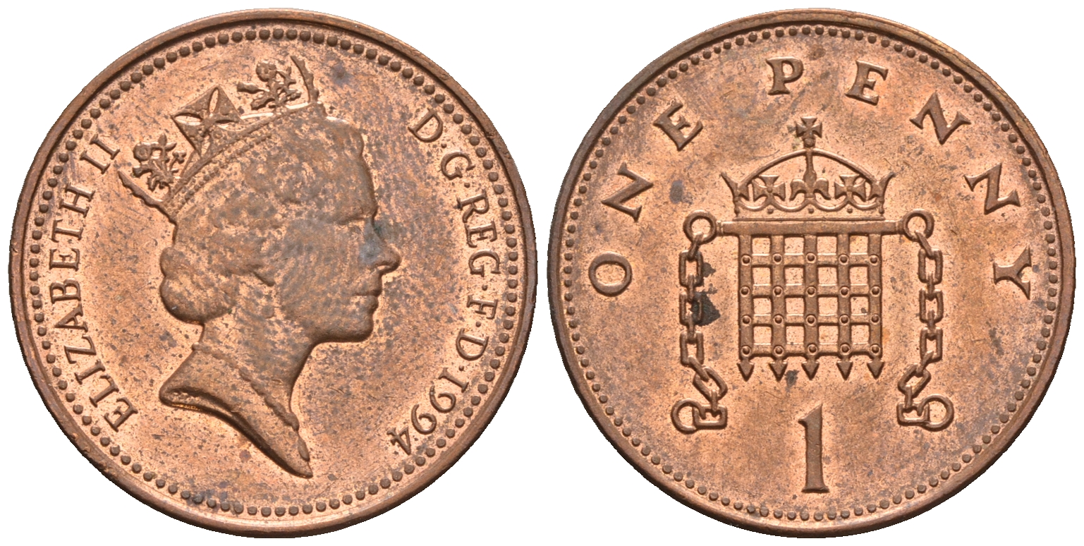 Великобритания 1 пенни 1994 Елизавета II (1952-2022) KM 935a, Spink 4391 (B4) сталь плакированная медью 4609-531