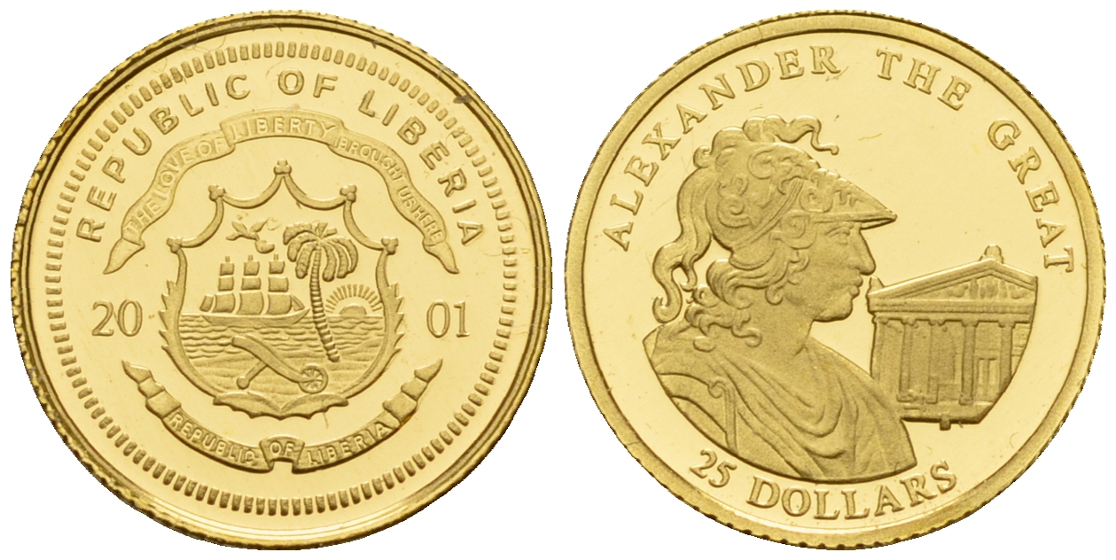 Либерия 25 долларов 2001 Александр Македонский  золото  PROOF  00-812-59