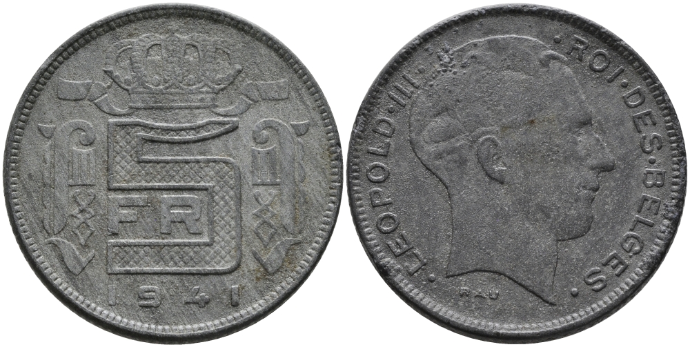 БЕЛЬГИЯ 5 ФРАНКОВ 1941 BELGES, ГЕРМАНСКАЯ ОККУПАЦИЯ, ВТОРАЯ МИРОВАЯ ВОЙНА KM 129.1 цинк 93-147