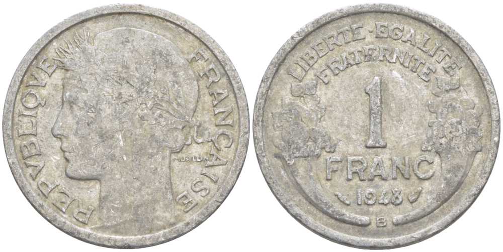 ФРАНЦИЯ 1 ФРАНК 1948 В, ТИП MORLON, LEGERE KM 885a.1, LE FRANC 221.14 алюминий 175-452