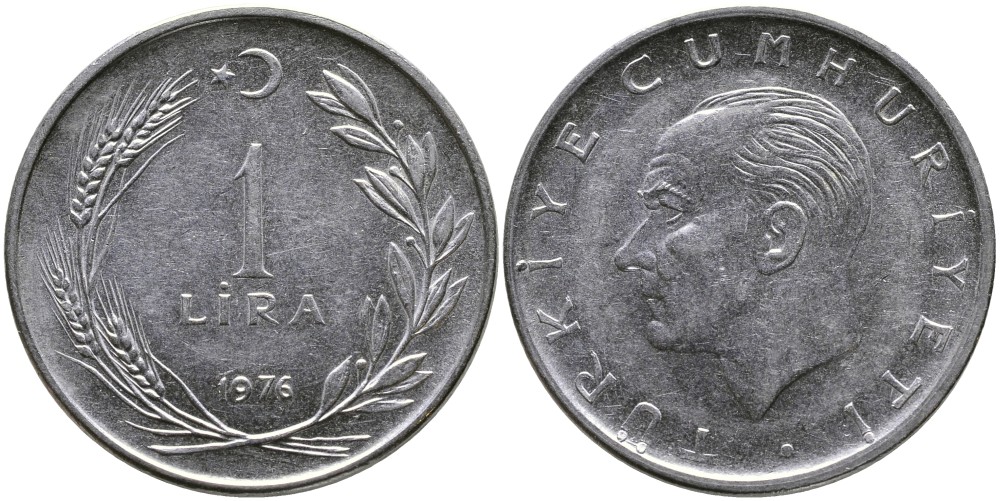 Турция 1 лира 1976 Мустафа Кемаль Ататюрк KM 889а.2 нержавеющая сталь 4541-523