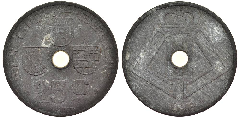 БЕЛЬГИЯ 25 САНТИМОВ 1942 BELGIQUE-BELGIE, ГЕРМАНСКАЯ ОККУПАЦИЯ, ВТОРАЯ МИРОВАЯ ВОЙНА KM 131 цинк 27-944