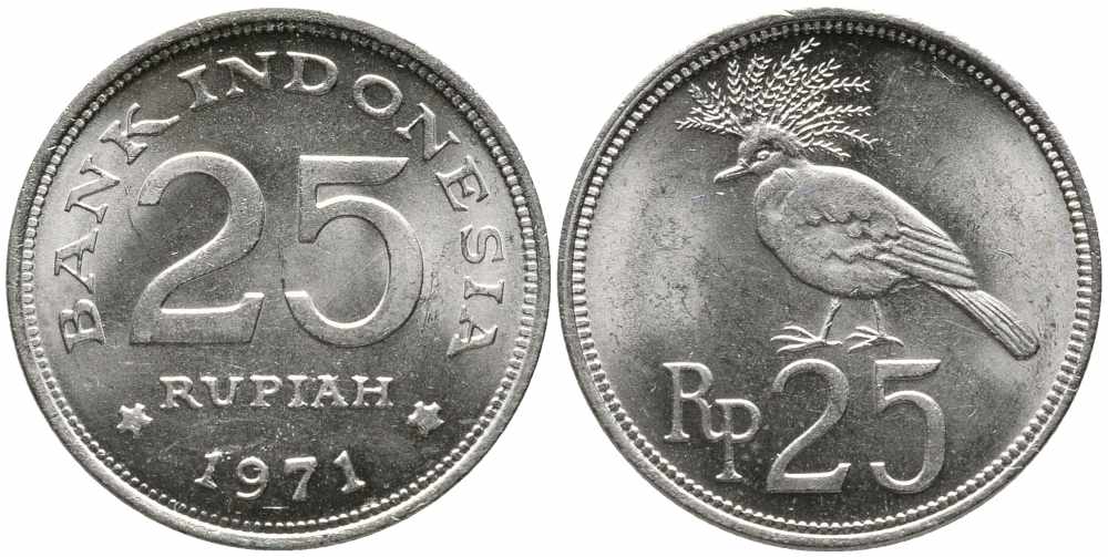 Индонезия 25 рупий 1971 венценосный голубь KM 34 медно-никель 86-1744