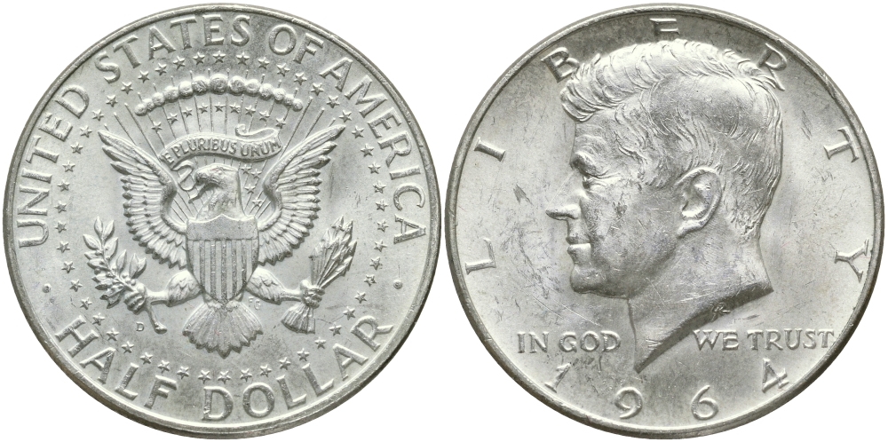 США 1/2 доллара (50 центов) 1964 Джон Кеннеди KM 202 серебро 84-746