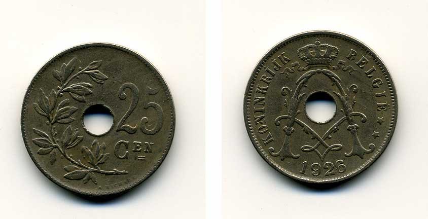 БЕЛЬГИЯ 25 САНТИМОВ 1926 BELGIE KM 69 медно-никель 41-714