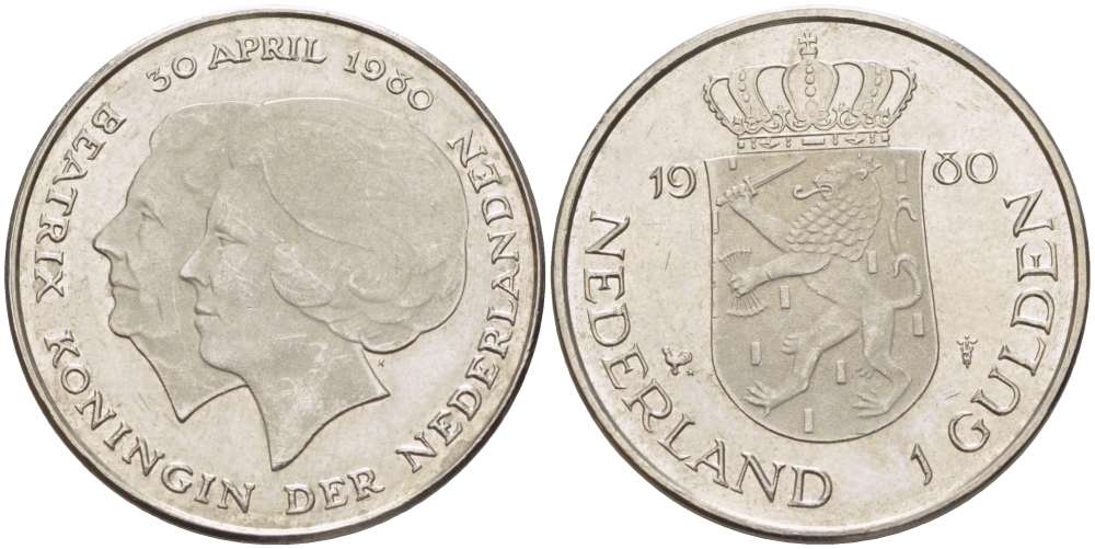 Нидерланды 1 гульден 1980 на коронацию Беатрикс, 30 апреля 1980 KM 200 никель 31-834