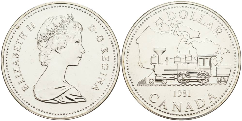 Канада 1 доллар 1981 Трансконтинентальная железная дорога, паровоз KM 130 серебро UNC 01-172-45