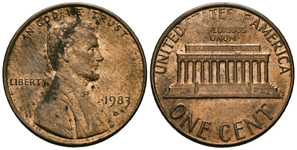 США 1 цент 1983 D, Линкольн KM 201b цинк плакированный медью 4136-226