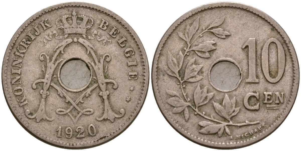Бельгия 10 сантимов 1920 Король Альберт I (1910 - 1934) KM 86 медно-никель 183-413