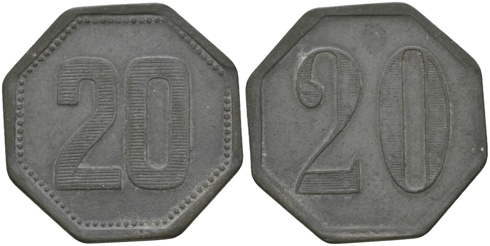 ФРАНЦИЯ 20 САНТИМОВ ND ПЛАТЕЖНЫЙ ЖЕТОН НАЧАЛА XX ВЕКА, ЦИФРЫ НОМИНАЛА 14 ММ., ВОСЬМИУГОЛЬНАЯ, РАЗМЕР 23 ММ. цинк 98-1012