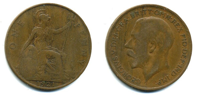 Великобритания 1 пенни 1921 Георг V (1910-1936) KM 810, Spink 4051 бронза 41-441