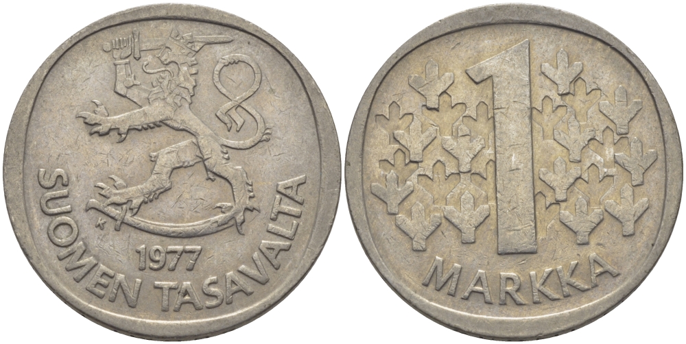 ФИНЛЯНДИЯ 1 МАРКА 1977 К KM 49а медно-никель 28-151
