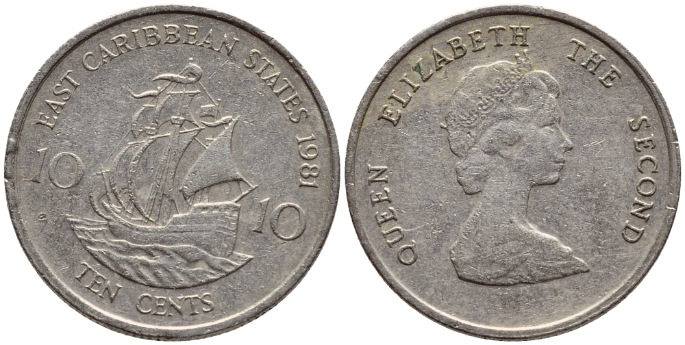 Восточно-Карибские штаты 10 центов 1981 Елизавета II (1952-2022), парусник KM 13 медно-никель 4392-1034