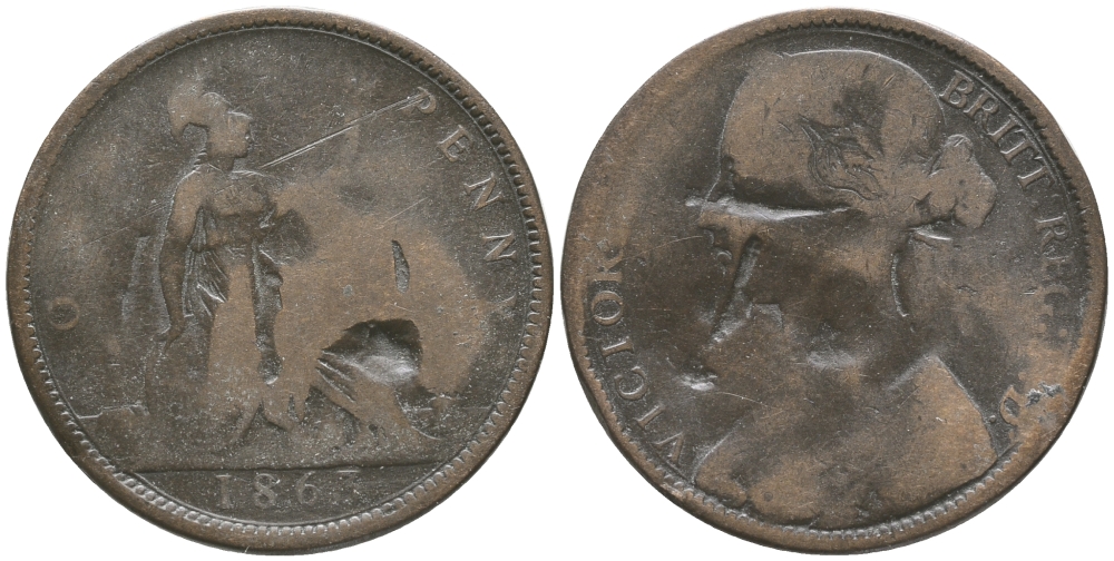 Великобритания 1 пенни 1863 Виктория (1837-1901) KM 749.2, Spink 3954 бронза 32-413