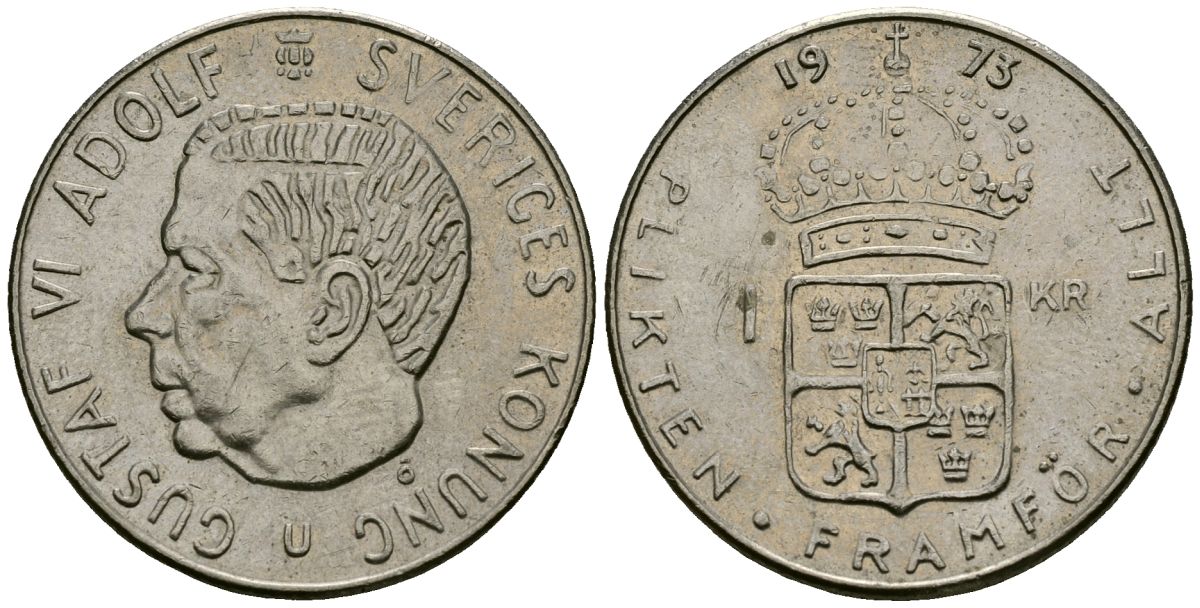 Швеция 1 крона 1973 Густав VI Адольф (1950-1973) KM 826a медь плакированная медно-никелем 4138-827
