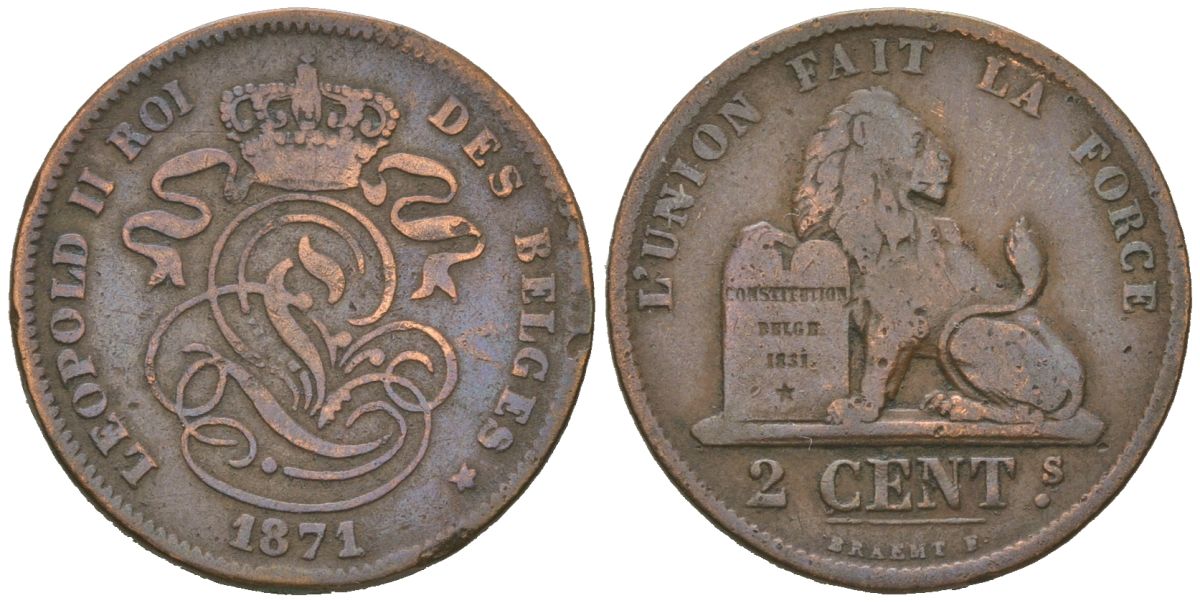 Бельгия 2 сантима 1871 Леопольд II (1865-1909) KM 35.1 медь 63-652