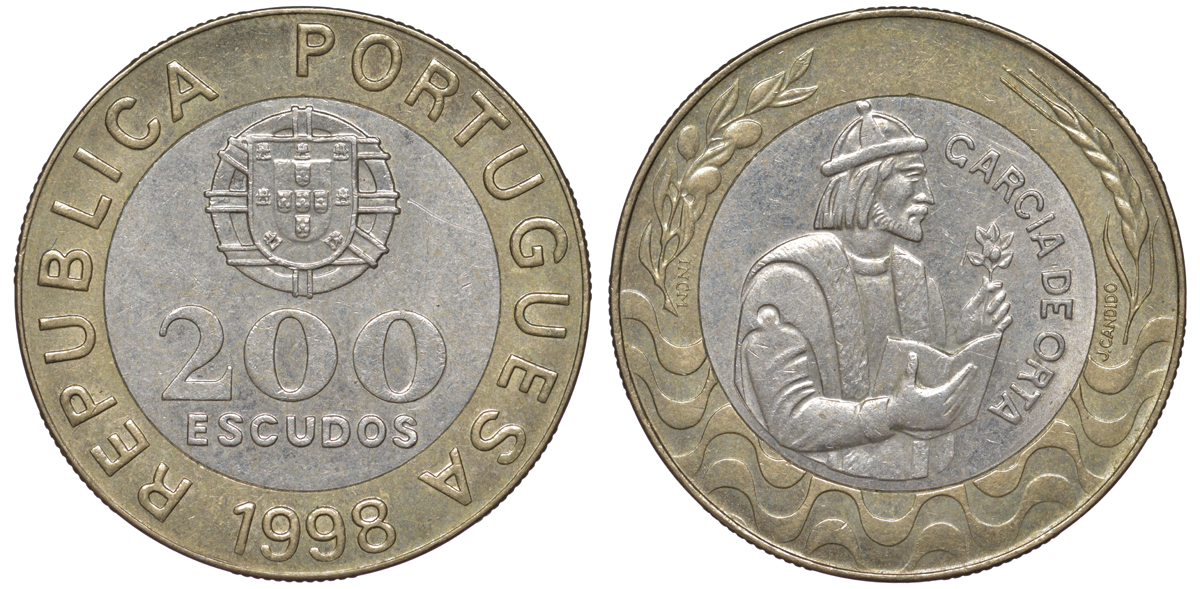 Португалия 200 эскудо 1998 Гарсия Де Орта (1501-1568) KM 655 биметалл 4536-144
