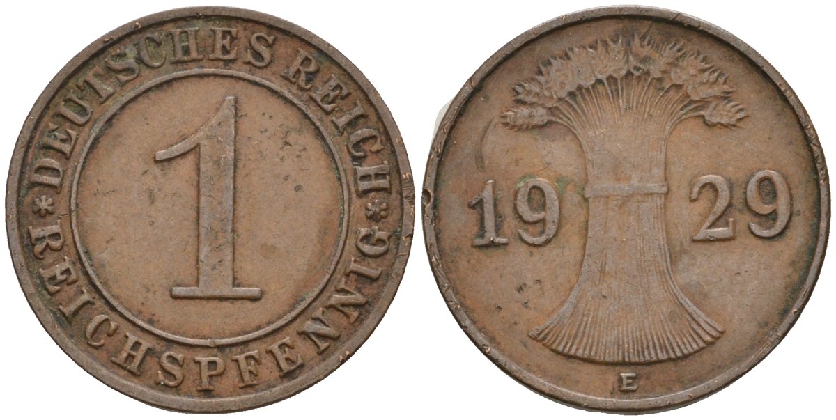 Германия 1 рейхспфенниг 1929 F KM 37, J. 313 бронза 4136-1153